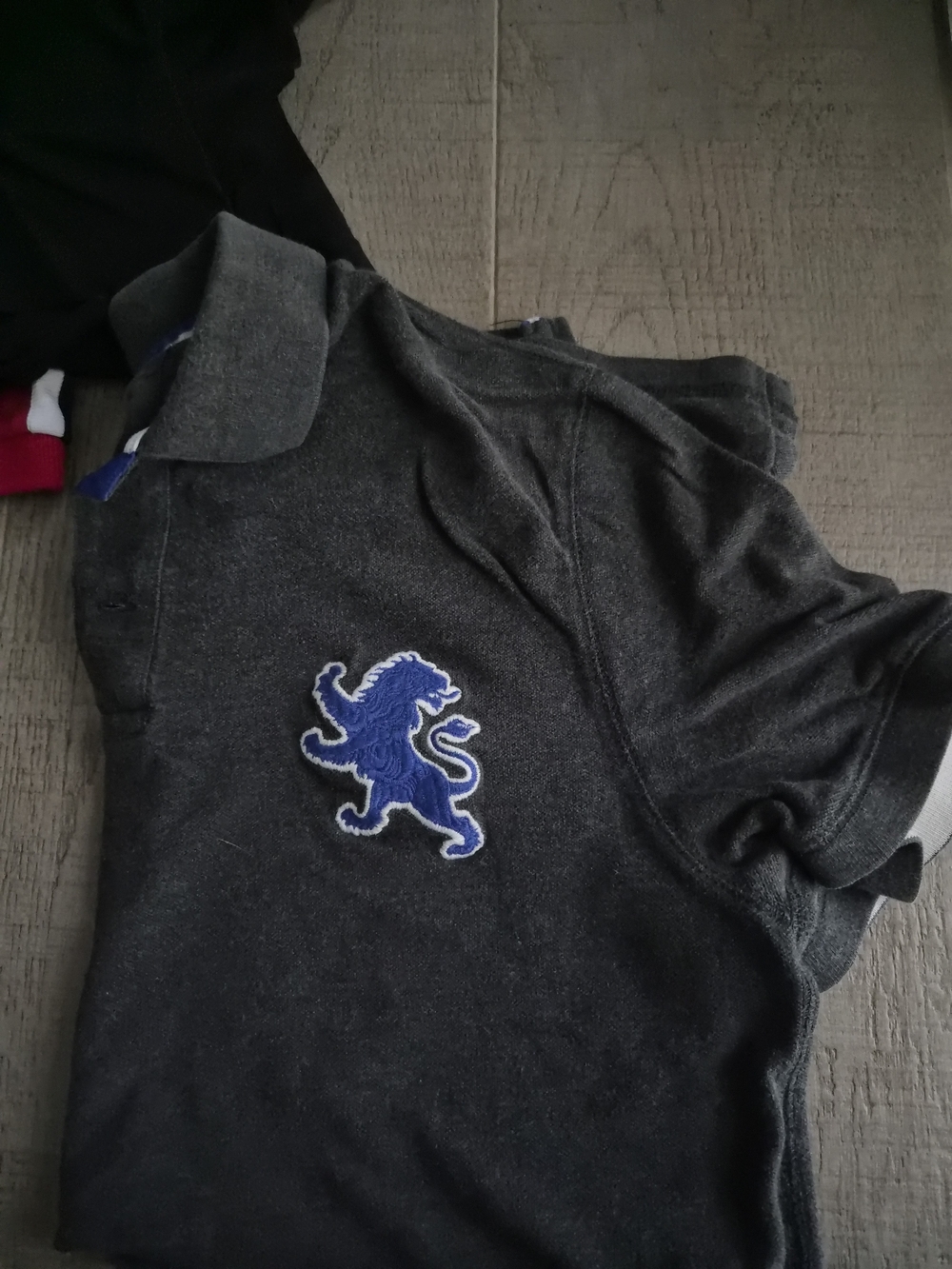Express Men's Charcoal Gray Polo Shirt with Blue Lion Logo SIZE M